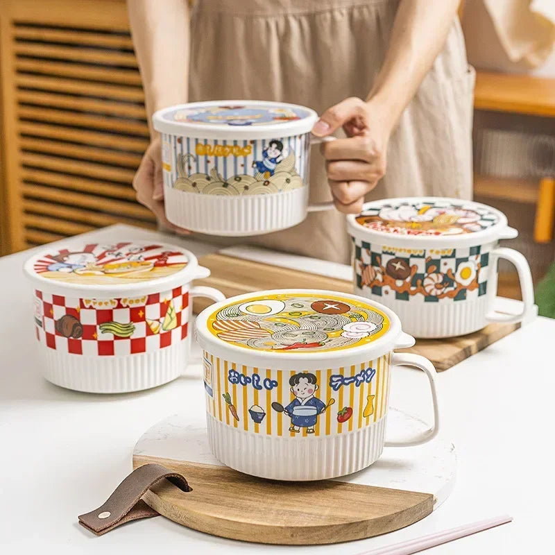 1200ml Ceramic Ramen with Bowl Lid Instant Bowl Noodle Soup Rice Mug Porridge Microwave Dishwasher Safe