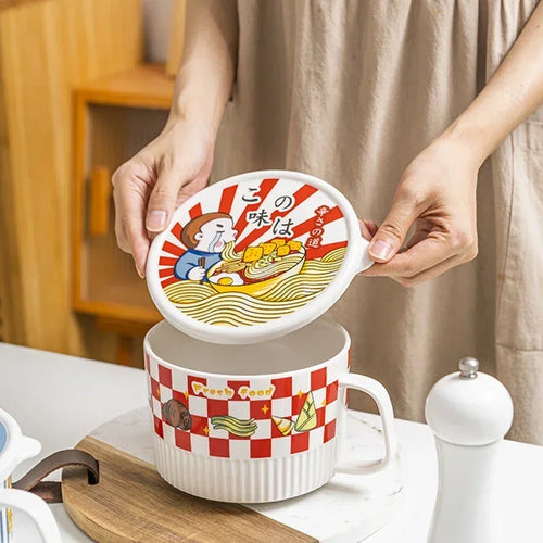 1200ml Ceramic Ramen with Bowl Lid Instant Bowl Noodle Soup Rice Mug Porridge Microwave Dishwasher Safe