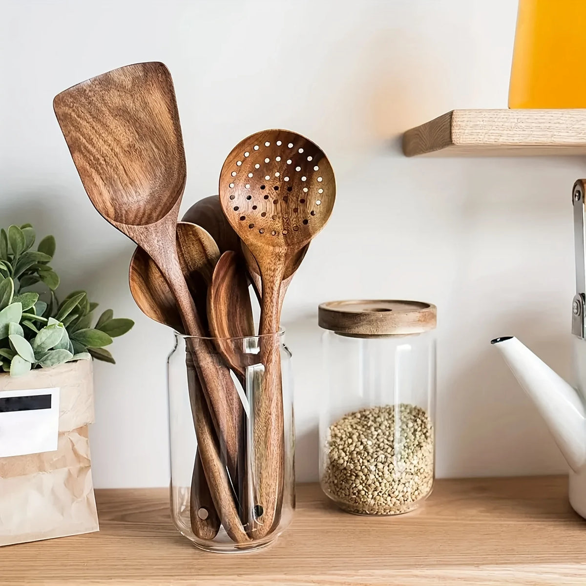 5pcs Wooden Kitchen Utensils Set, Wooden Spoons Natural Spurtle Set for Non-stick Pan, Kitchen Ladle and Wok Spatulas