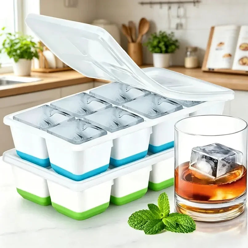 8 Grid Large Ice Tray Silicone Mold Easy-to-release Flexible Ice Cube Mold and Lid Square Mold DIY Ice Machine Ice Cube Tray